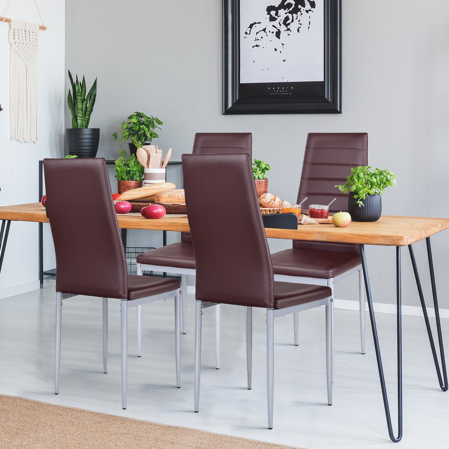 Set of 4 Elegant PVC Leather Dining Chairs with Modern Design - Brown