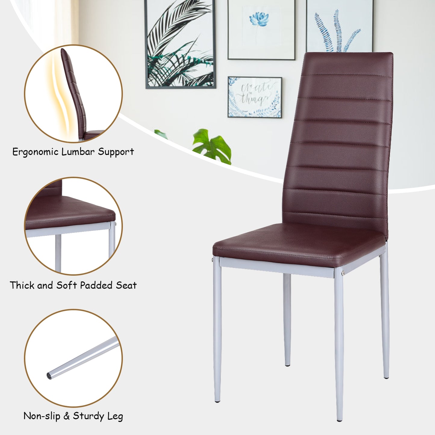 Set of 4 Elegant PVC Leather Dining Chairs with Modern Design - Brown