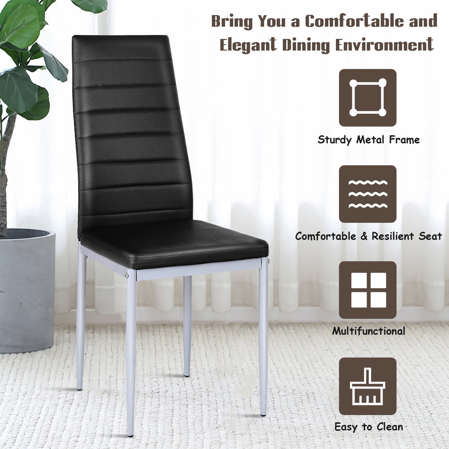 Set of 4 Elegant PVC Leather Dining Chairs with Modern Design - Black
