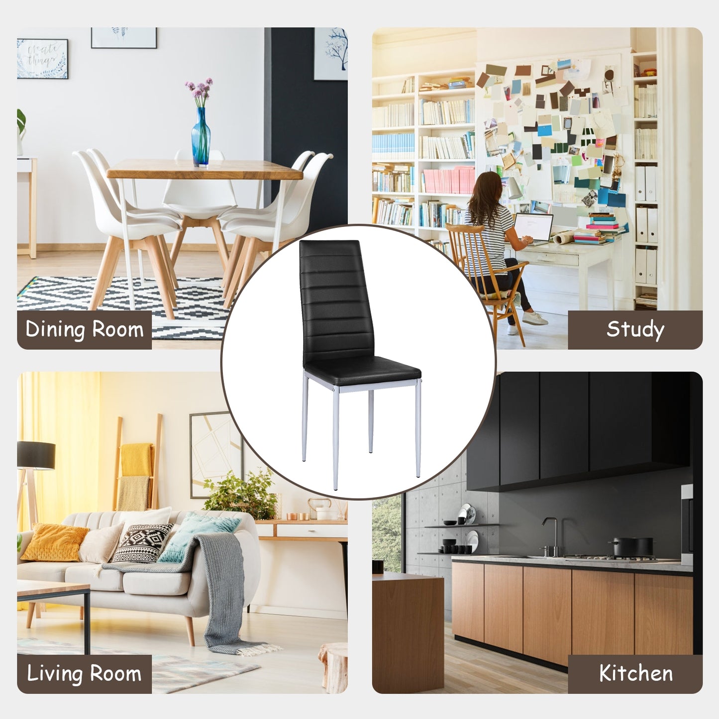 Set of 4 Elegant PVC Leather Dining Chairs with Modern Design - Black