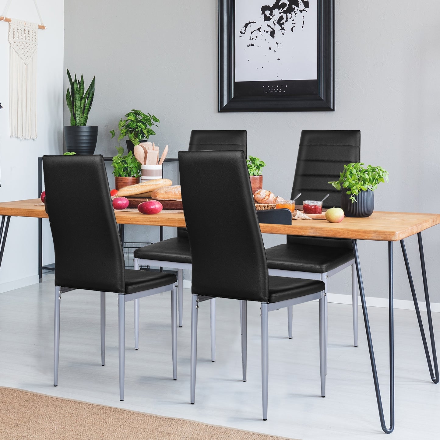 Set of 4 Elegant PVC Leather Dining Chairs with Modern Design - Black