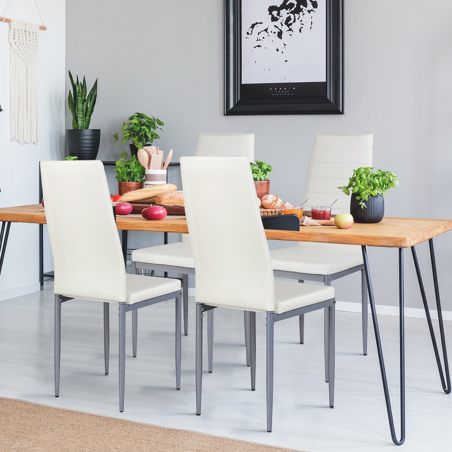 Set of 4 Elegant PVC Leather Dining Chairs with Modern Design - White