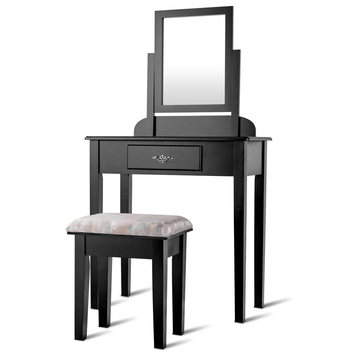 Black Vanity Table Set with Large Rotating Mirror and Cushioned Stool