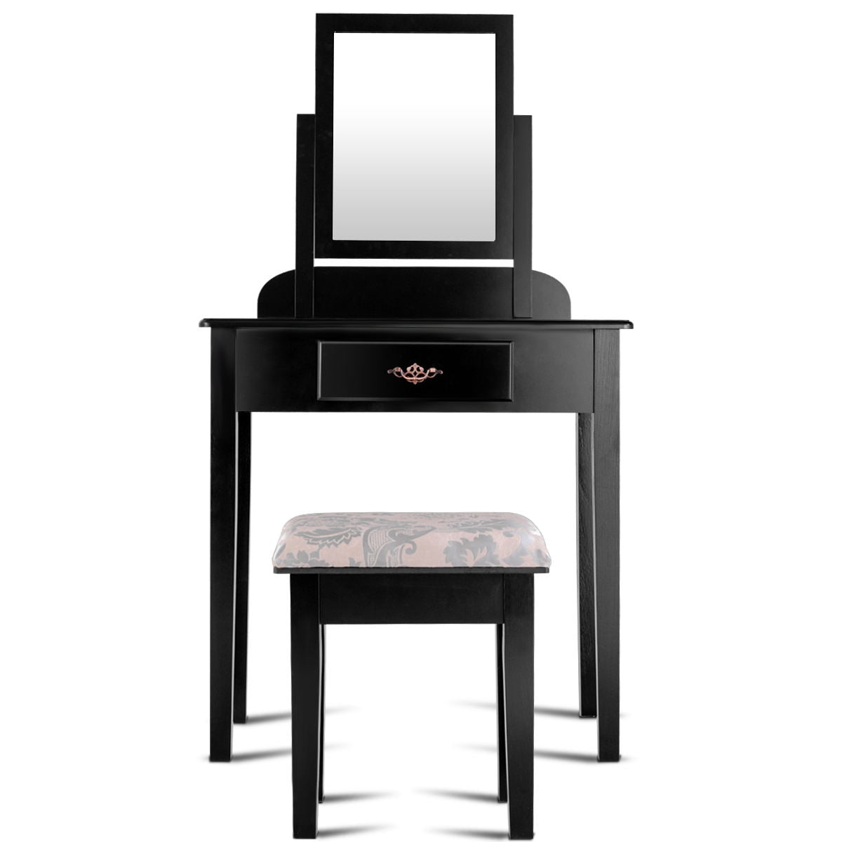 Black Vanity Table Set with Large Rotating Mirror and Cushioned Stool