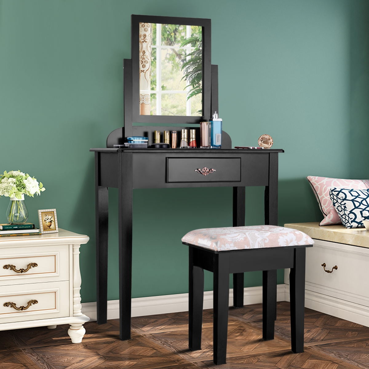 Black Vanity Table Set with Large Rotating Mirror and Cushioned Stool