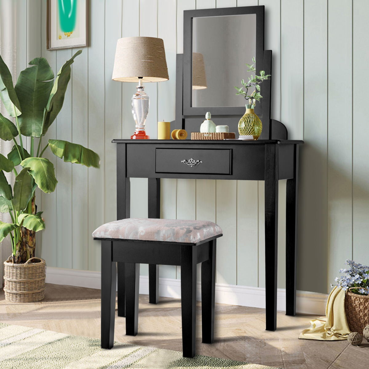 Black Vanity Table Set with Large Rotating Mirror and Cushioned Stool