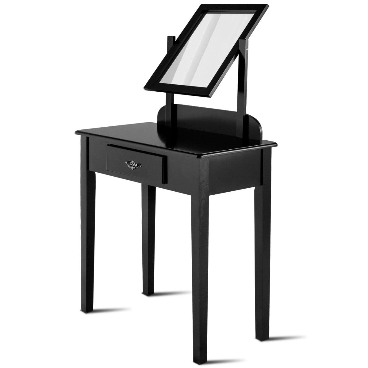 Black Vanity Table Set with Large Rotating Mirror and Cushioned Stool