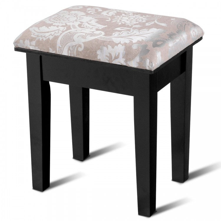 Black Vanity Table Set with Large Rotating Mirror and Cushioned Stool