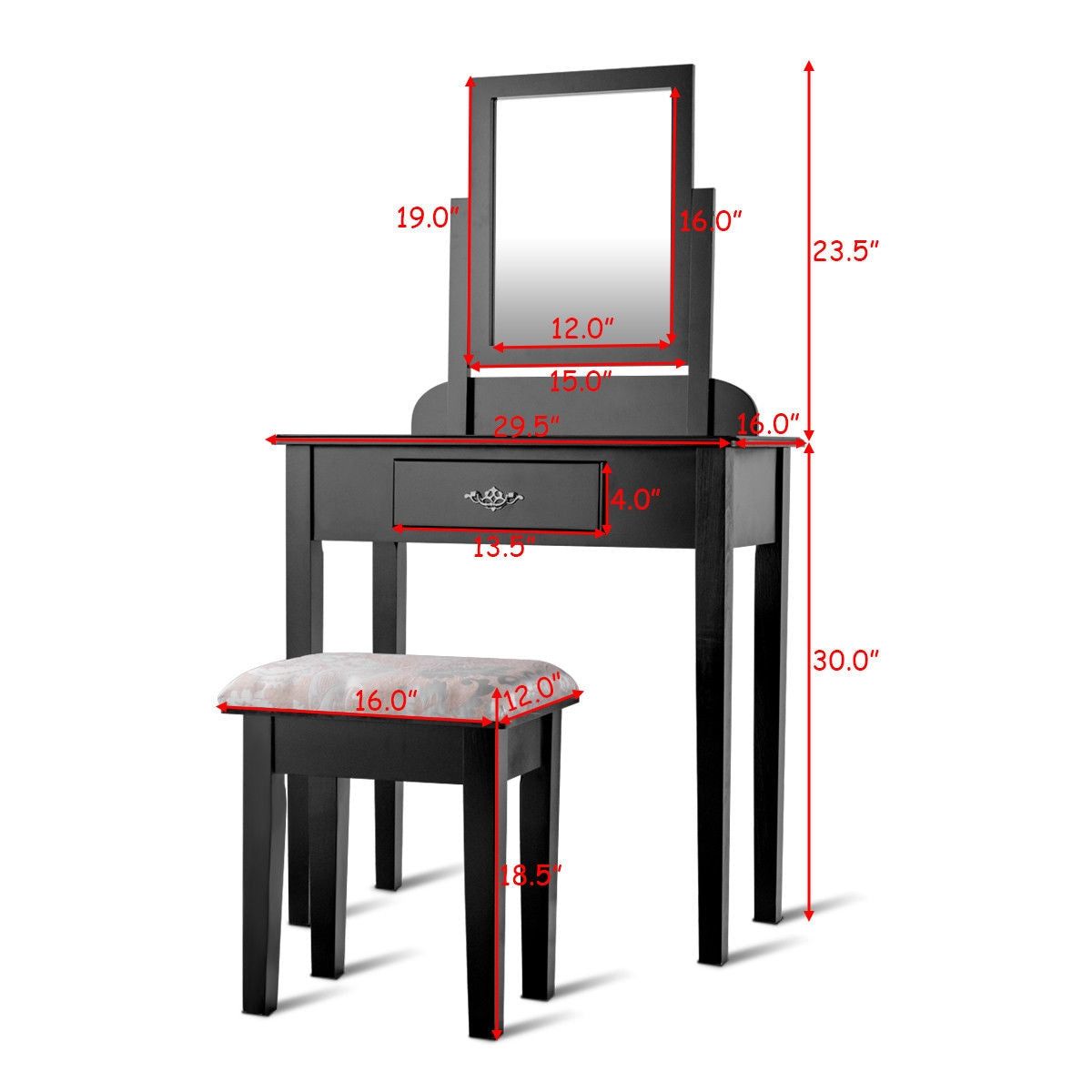 Black Vanity Table Set with Large Rotating Mirror and Cushioned Stool