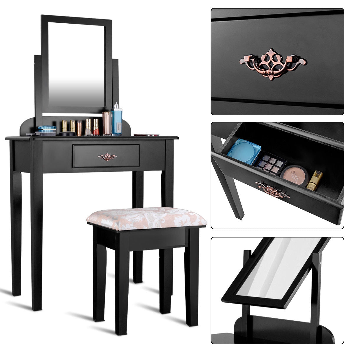 Black Vanity Table Set with Large Rotating Mirror and Cushioned Stool