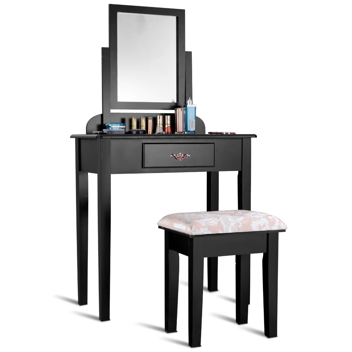 Black Vanity Table Set with Large Rotating Mirror and Cushioned Stool