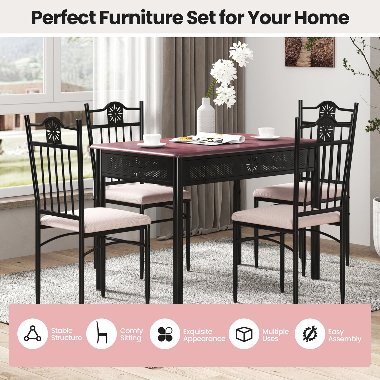 5 Piece Modern Dining Table Set with Cushioned Chairs and Metal Frame Space Saving Design - Beige
