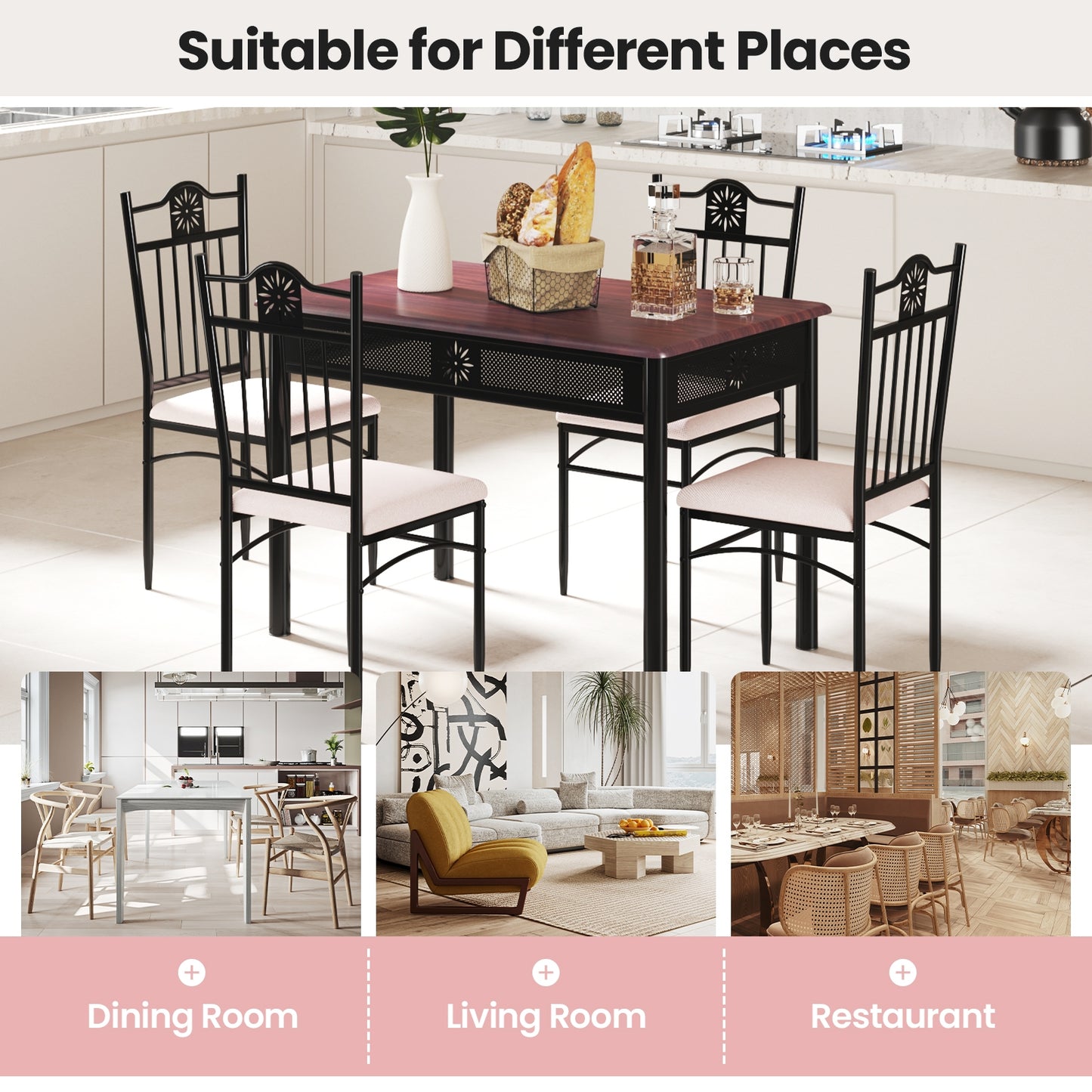 5 Piece Modern Dining Table Set with Cushioned Chairs and Metal Frame Space Saving Design - Beige