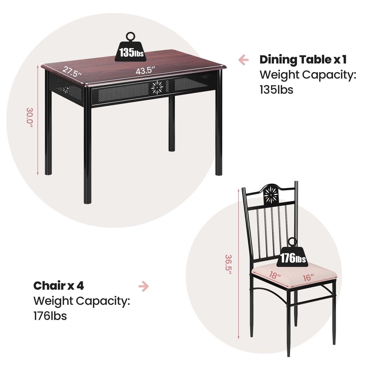 5 Piece Modern Dining Table Set with Cushioned Chairs and Metal Frame Space Saving Design - Beige