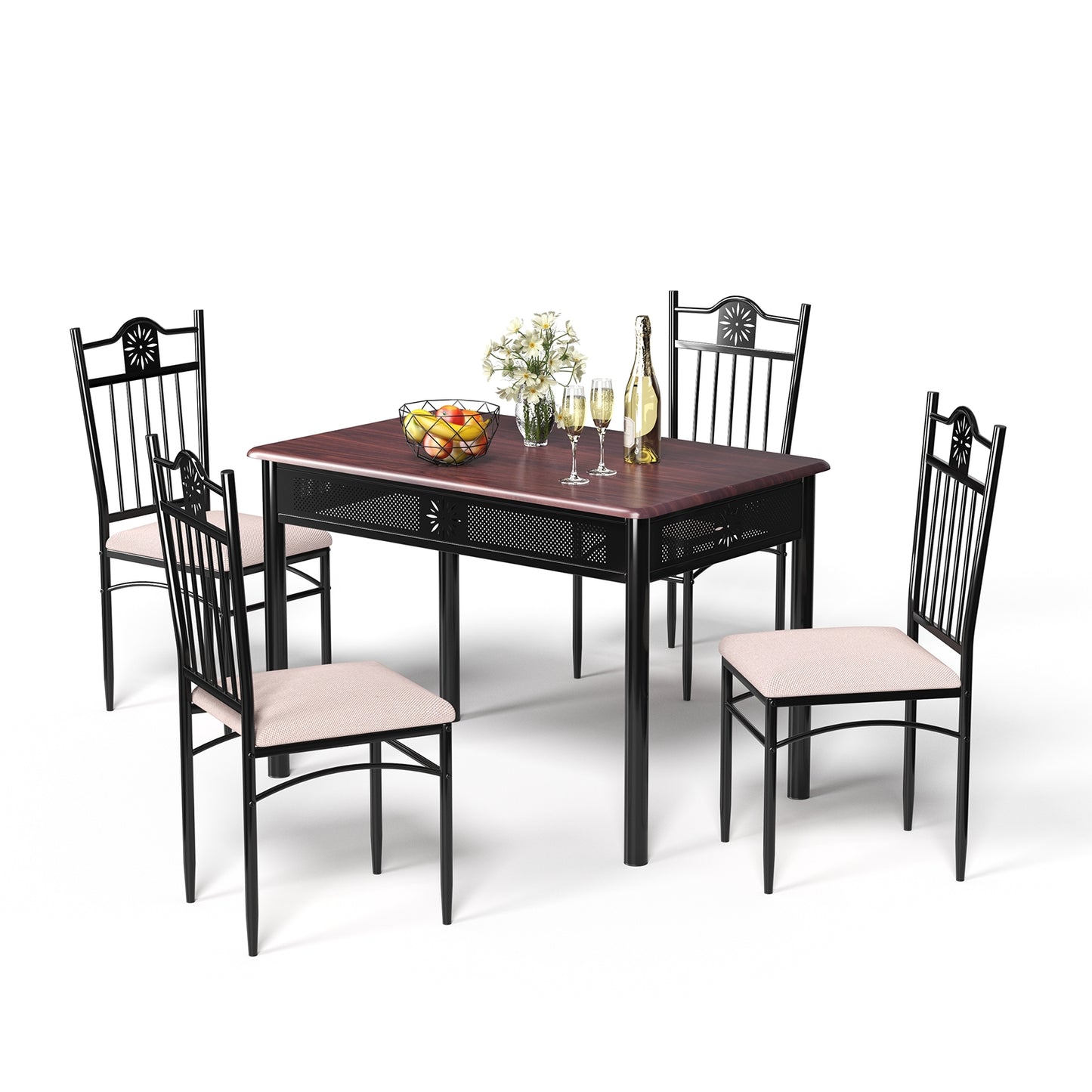 5 Piece Modern Dining Table Set with Cushioned Chairs and Metal Frame Space Saving Design - Beige