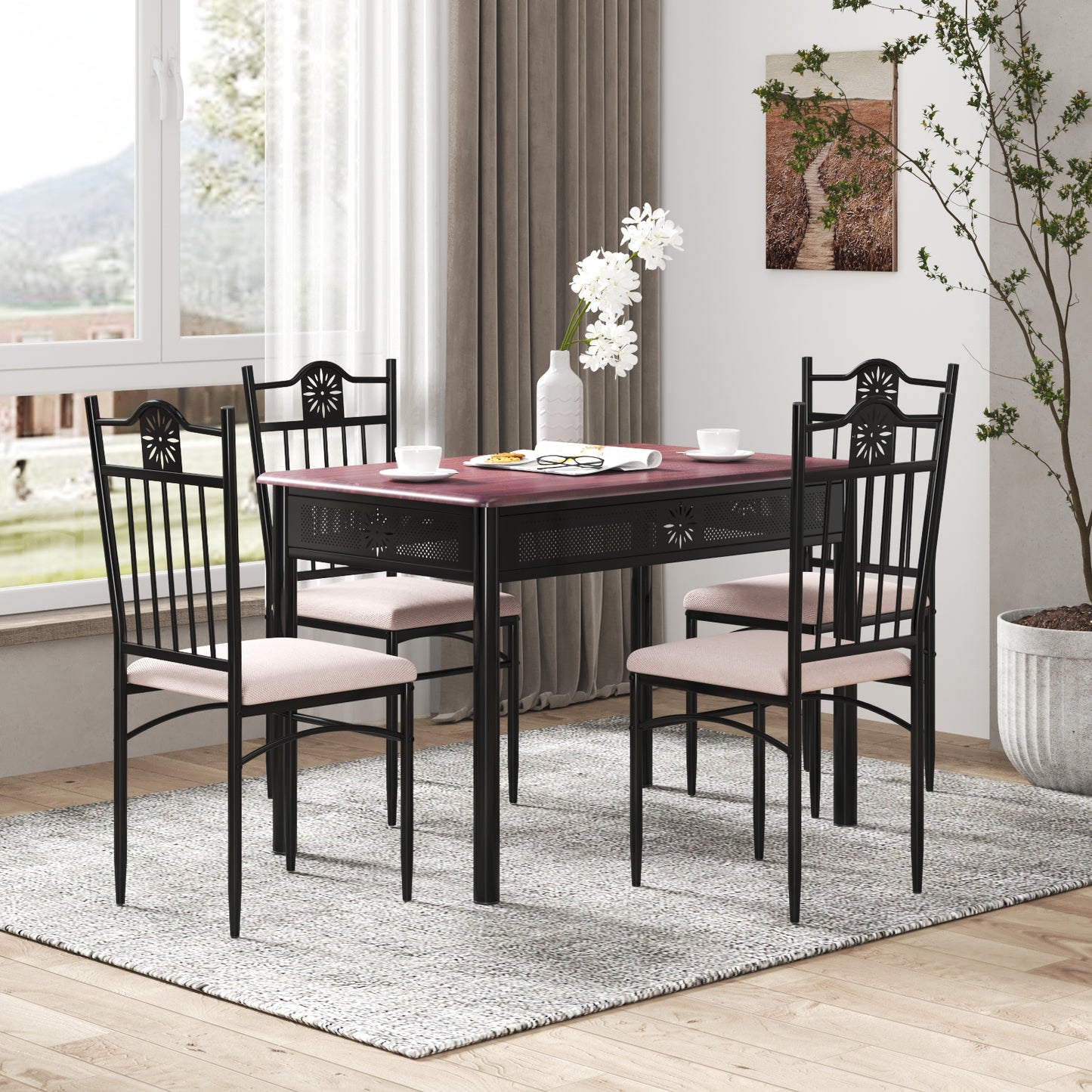 5 Piece Modern Dining Table Set with Cushioned Chairs and Metal Frame Space Saving Design - Beige