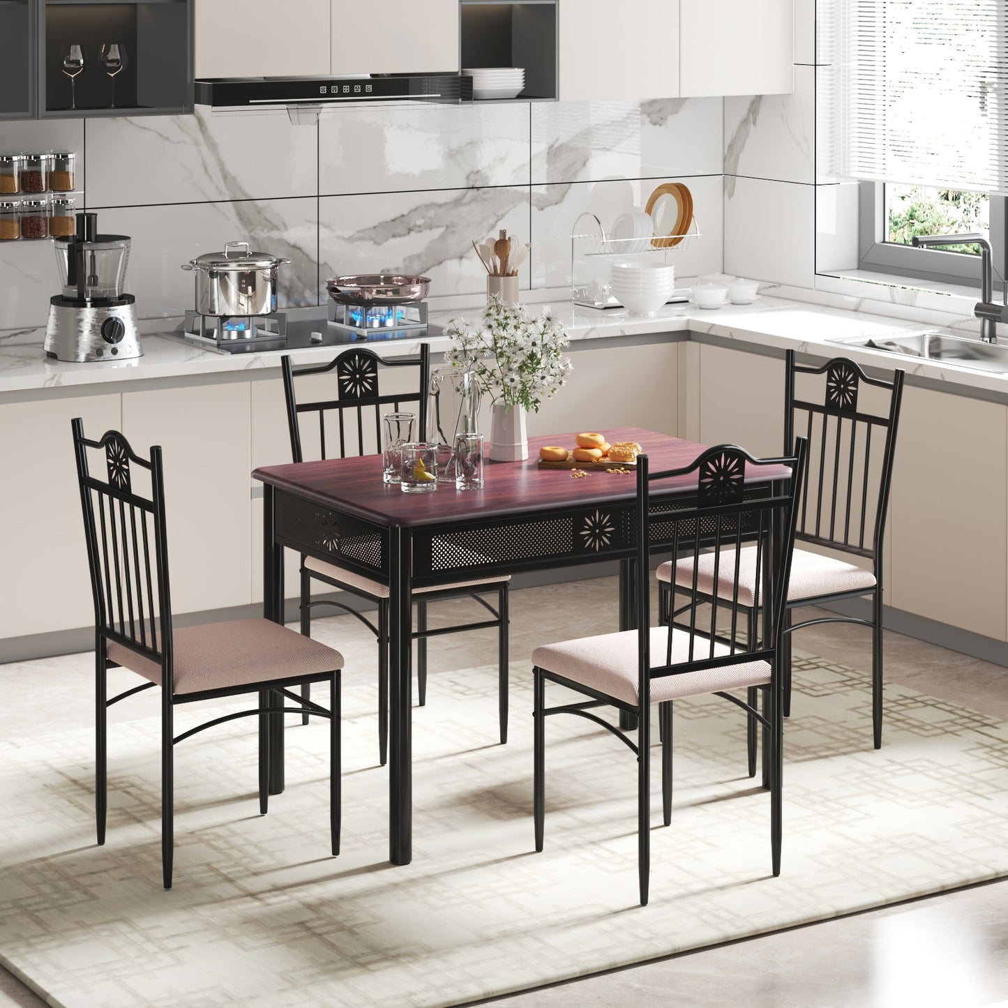 5 Piece Modern Dining Table Set with Cushioned Chairs and Metal Frame Space Saving Design - Beige