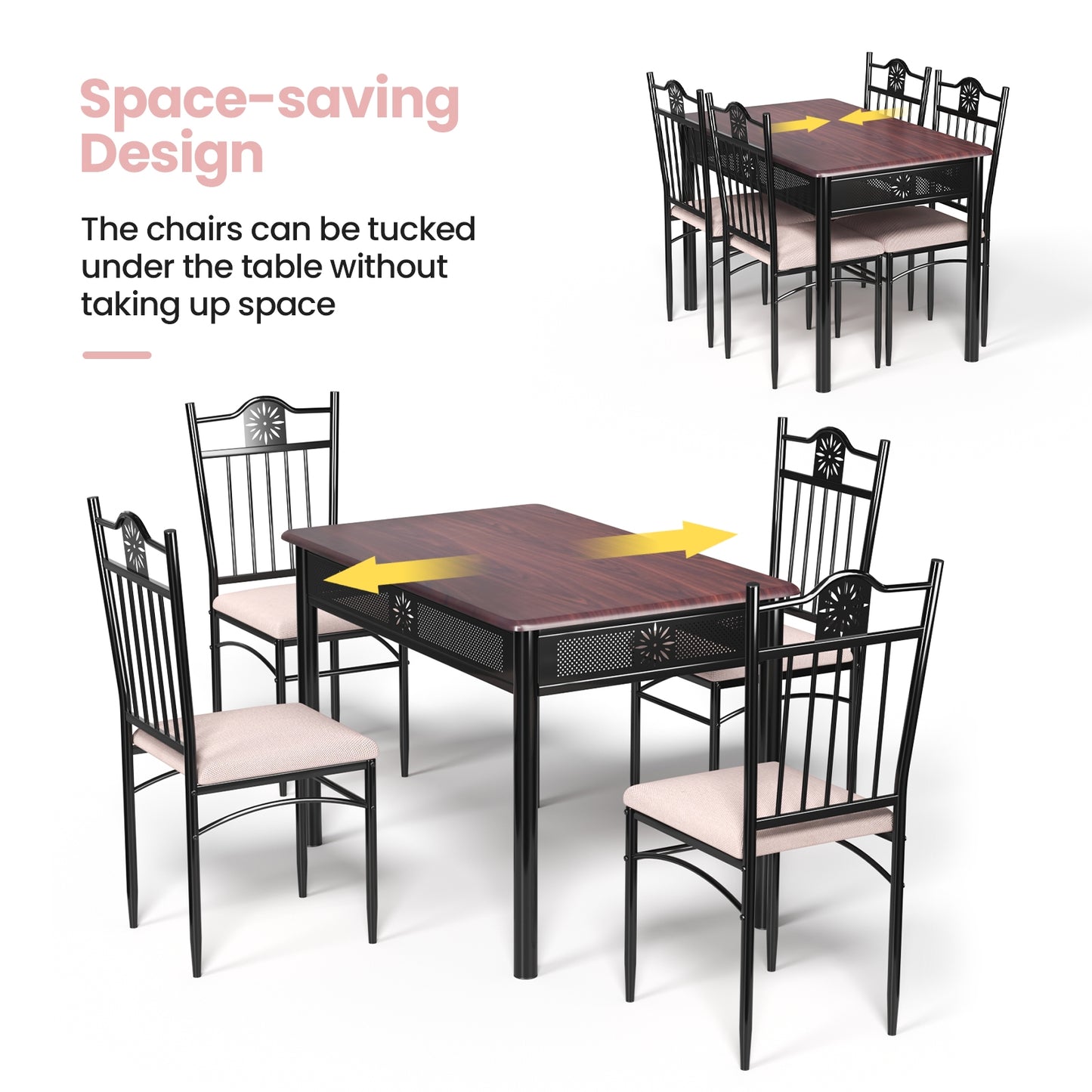 5 Piece Modern Dining Table Set with Cushioned Chairs and Metal Frame Space Saving Design - Beige
