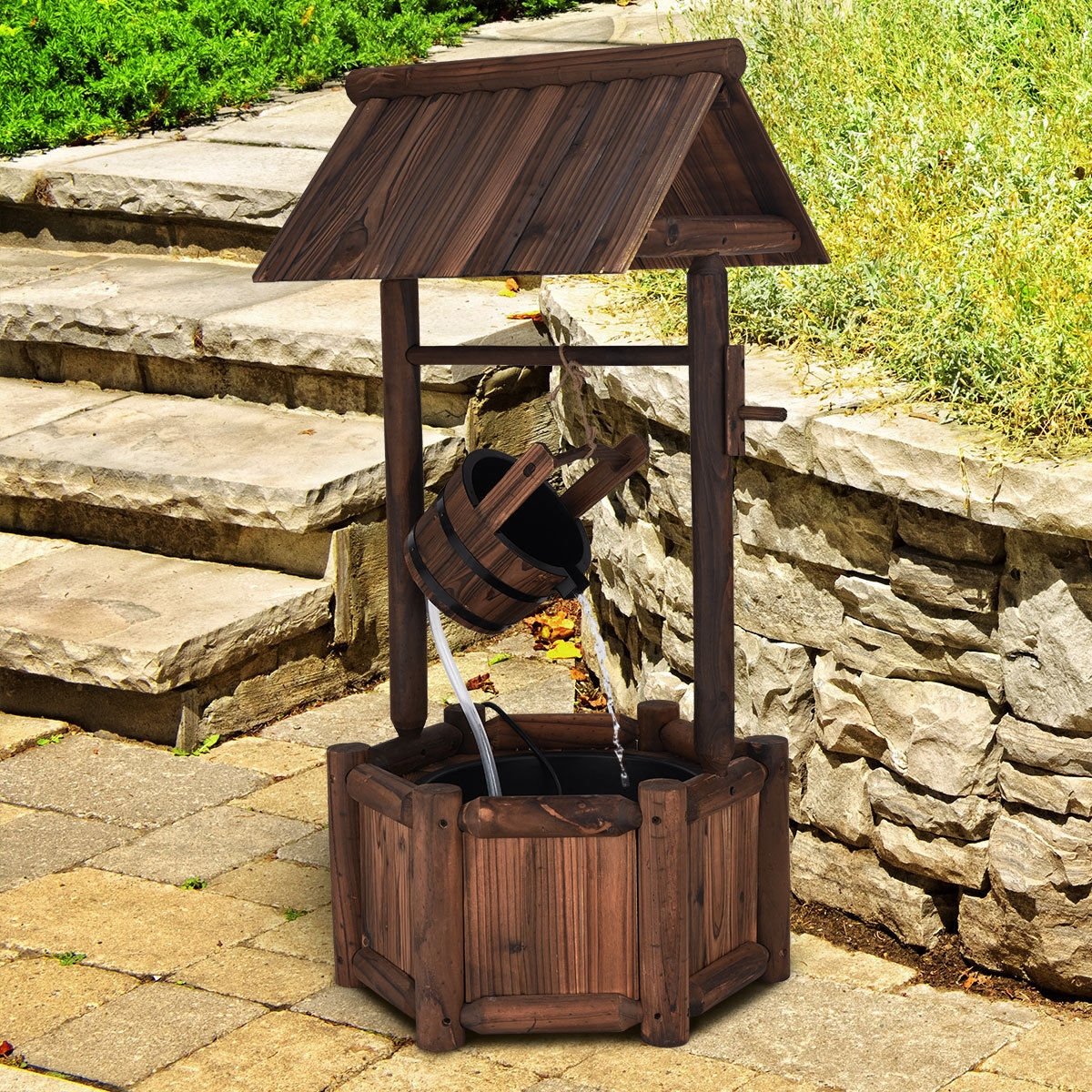Rustic Wooden Garden Wishing Well Water Fountain with Electric Pump