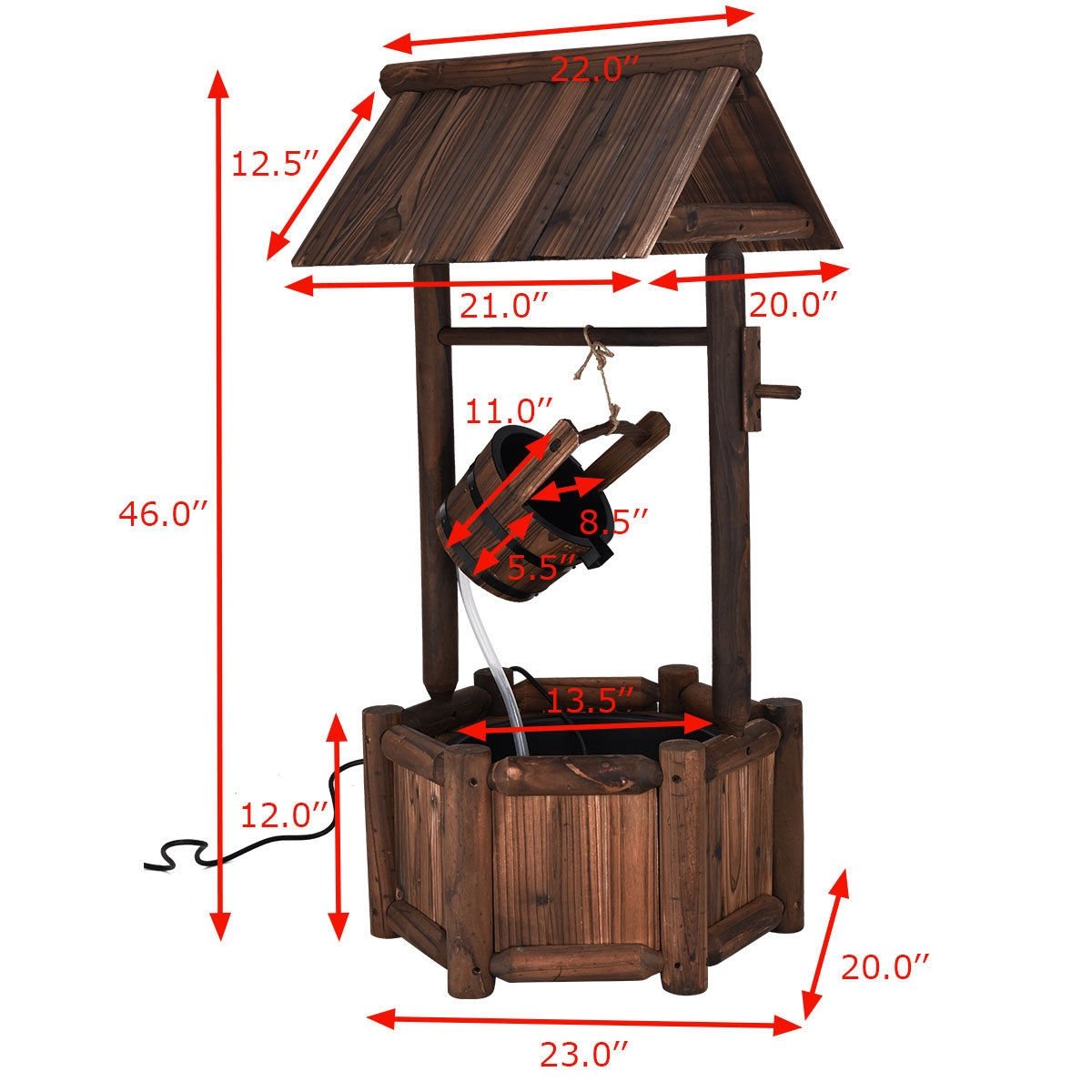 Rustic Wooden Garden Wishing Well Water Fountain with Electric Pump