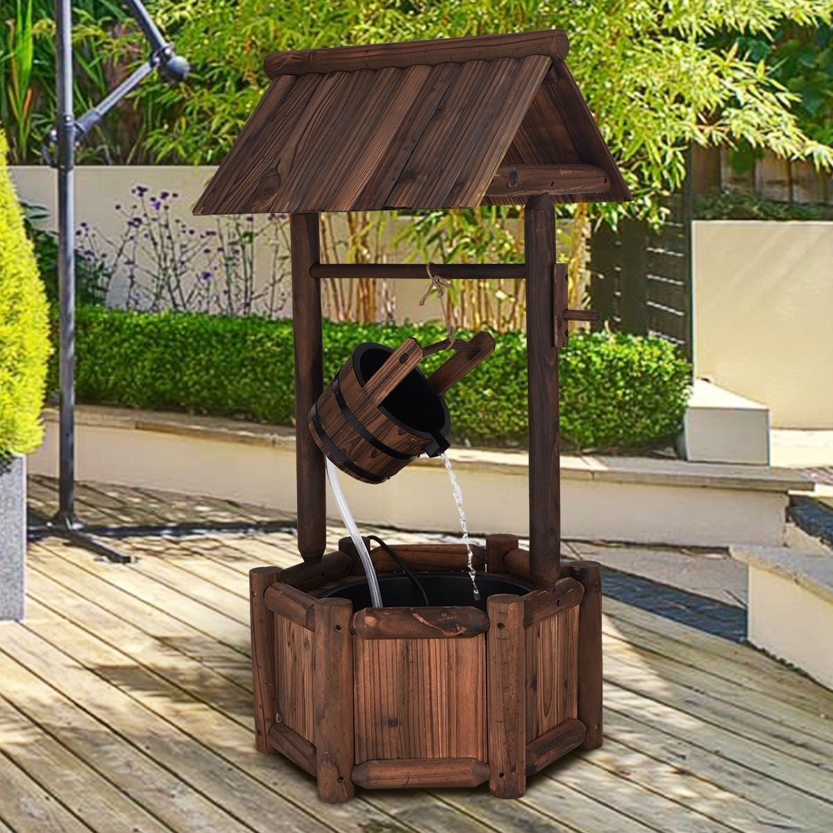 Rustic Wooden Garden Wishing Well Water Fountain with Electric Pump
