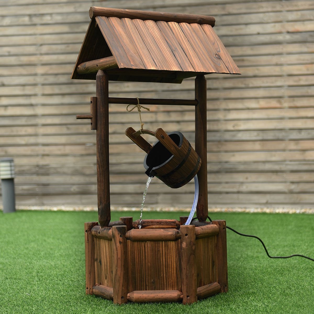 Rustic Wooden Garden Wishing Well Water Fountain with Electric Pump
