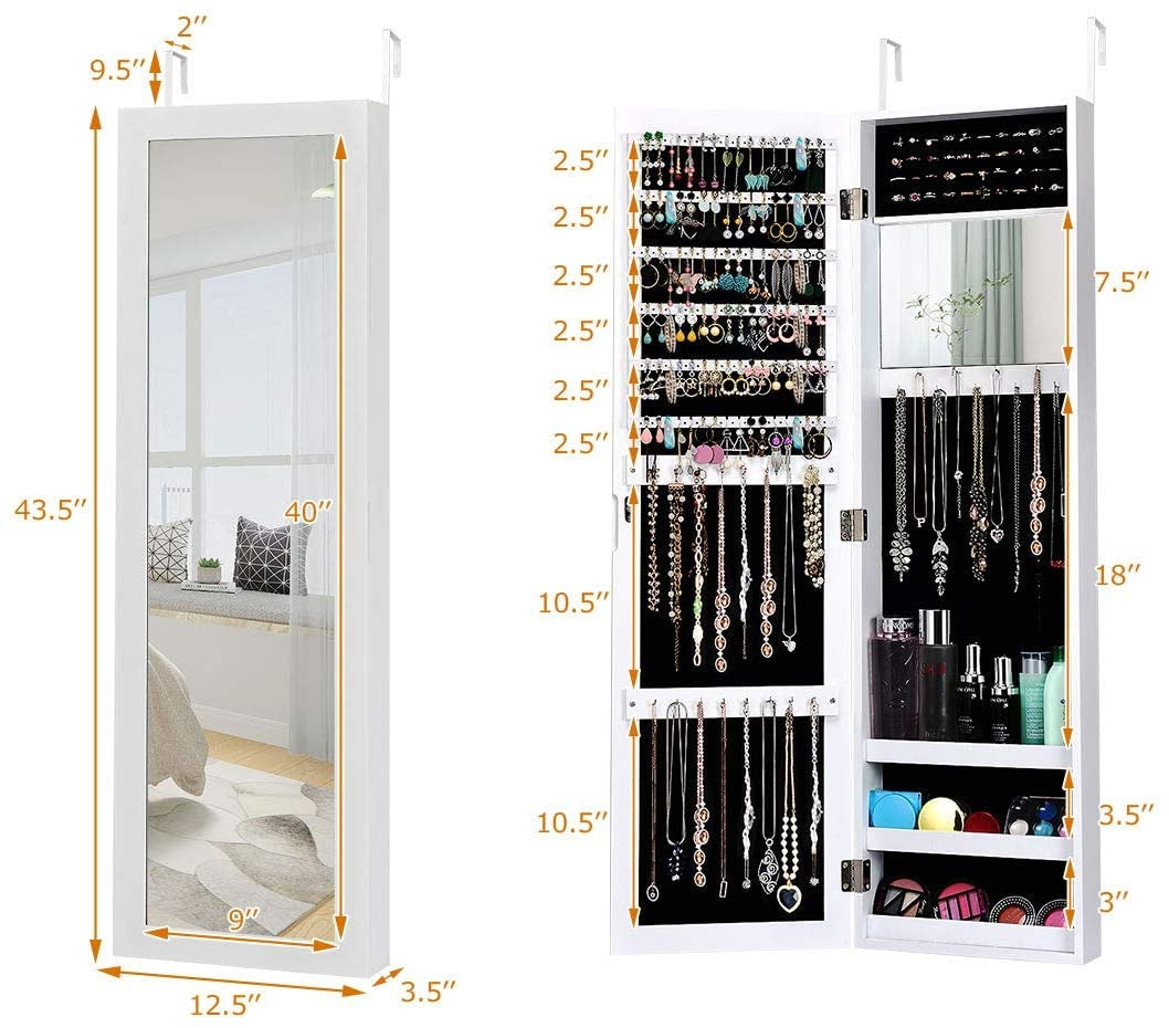 Wall and Door Mounted Jewelry Cabinet with Mirror and Storage Shelves – White