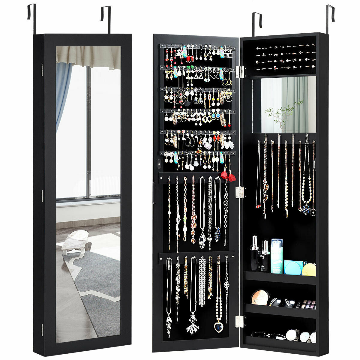 Wall and Door Mounted Jewelry Cabinet with Mirror and Storage Shelves – Black