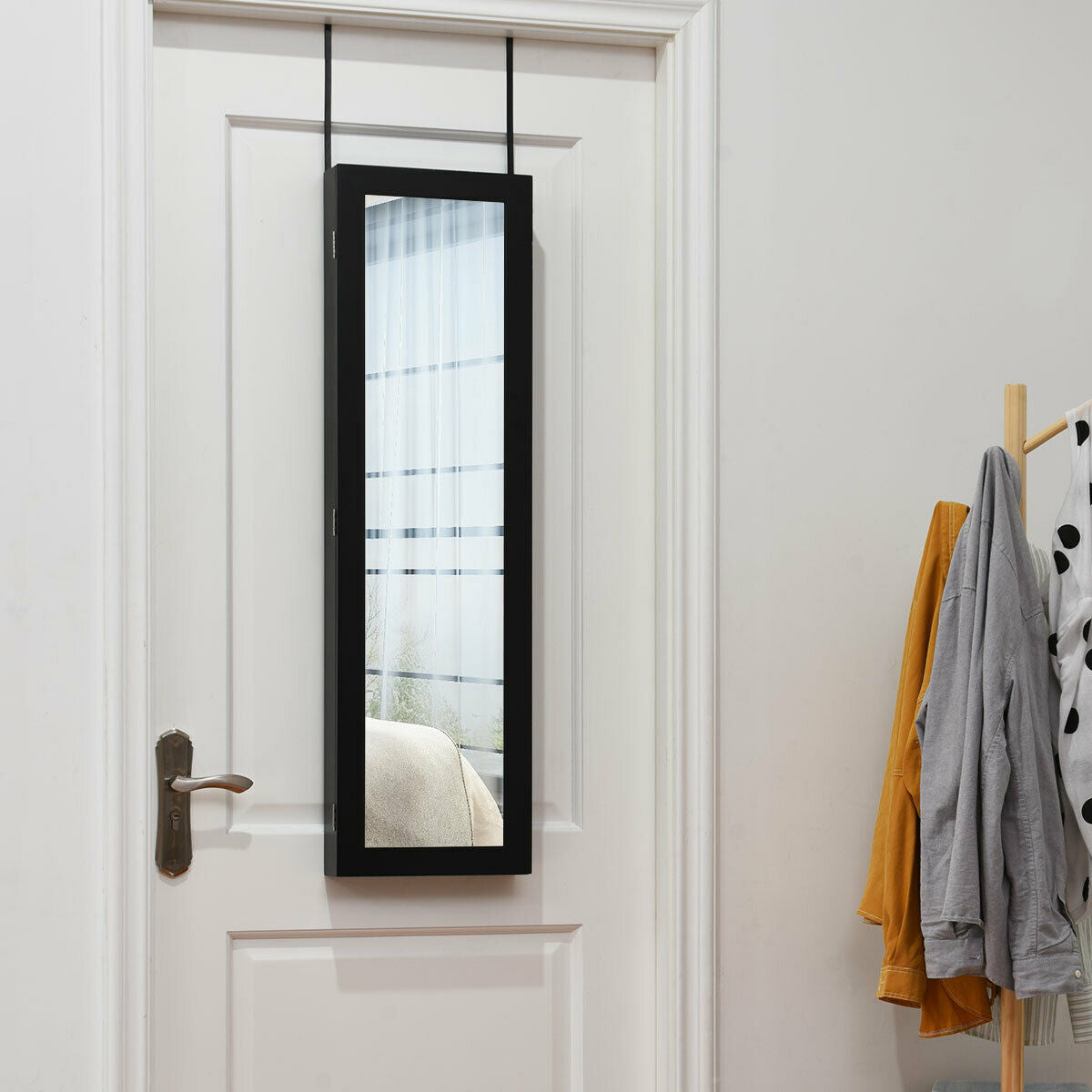 Wall and Door Mounted Jewelry Cabinet with Mirror and Storage Shelves – Black