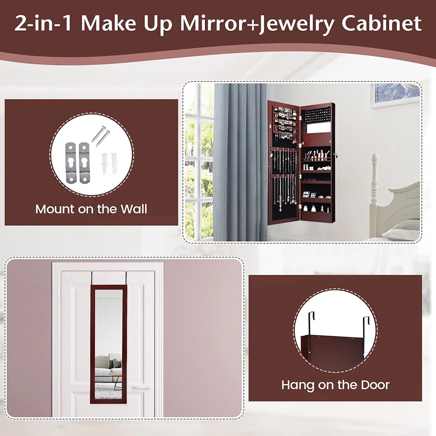 Lockable Wall and Door Mounted Jewelry Cabinet with Mirror and LED Lights – Brown