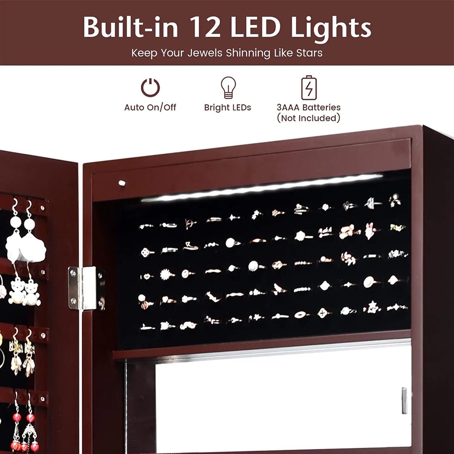 Lockable Wall and Door Mounted Jewelry Cabinet with Mirror and LED Lights – Brown