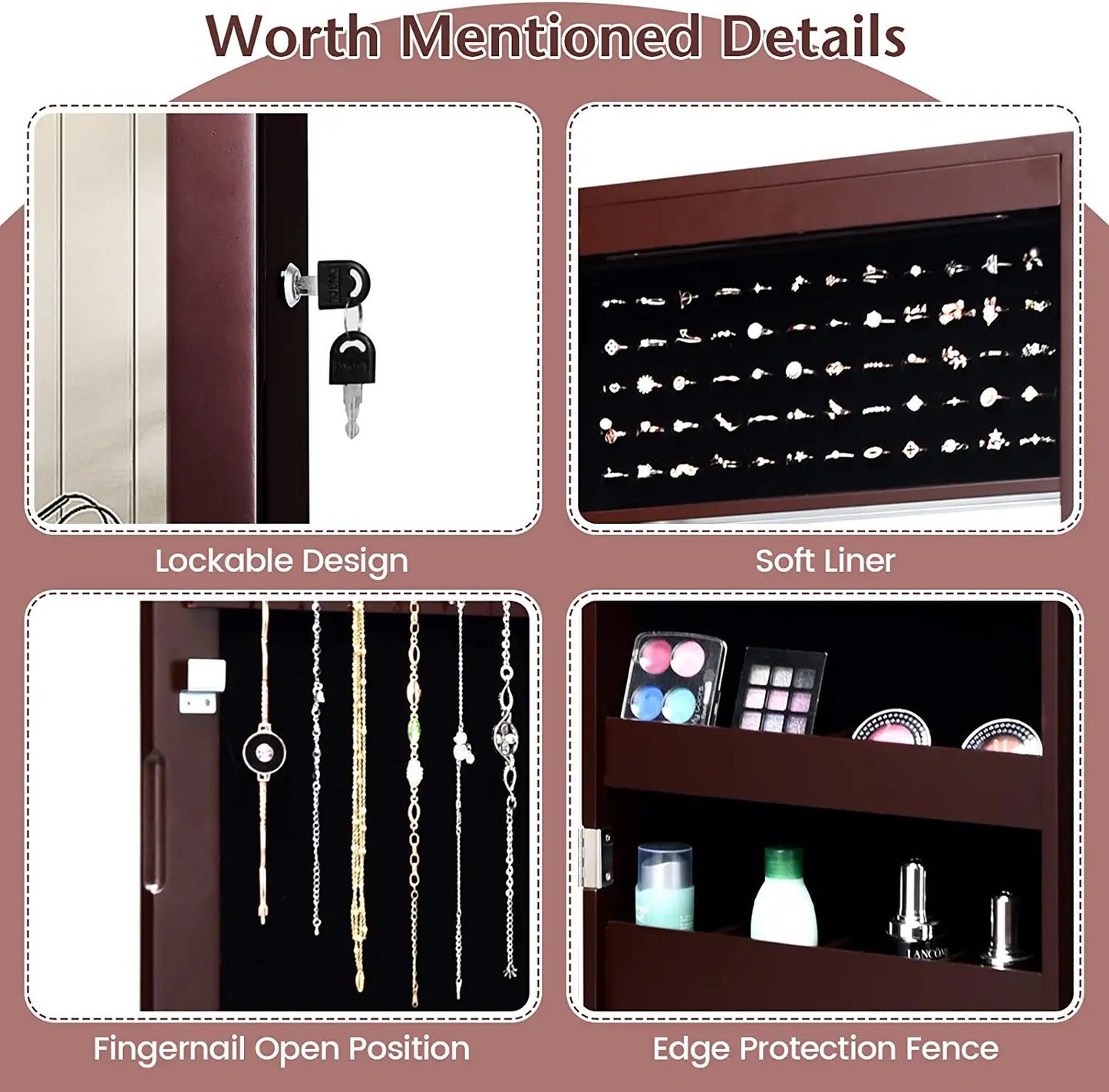 Lockable Wall and Door Mounted Jewelry Cabinet with Mirror and LED Lights – Brown