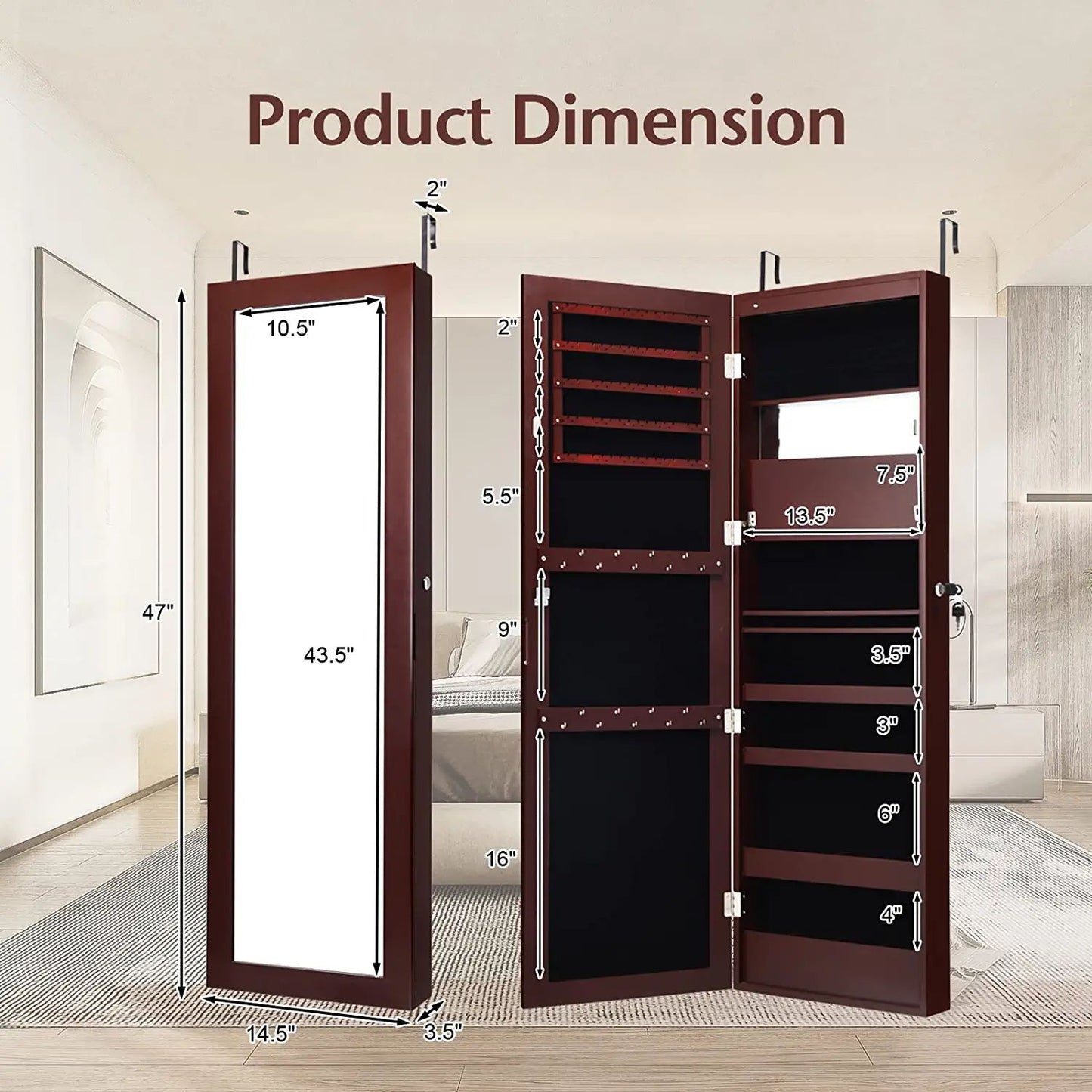 Lockable Wall and Door Mounted Jewelry Cabinet with Mirror and LED Lights – Brown