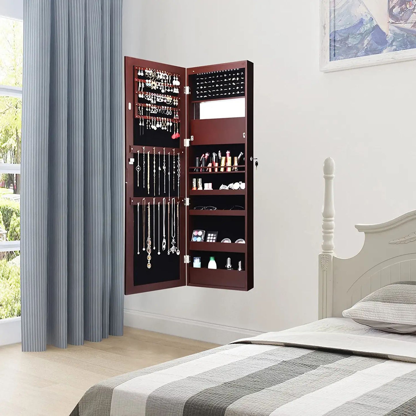 Lockable Wall and Door Mounted Jewelry Cabinet with Mirror and LED Lights – Brown