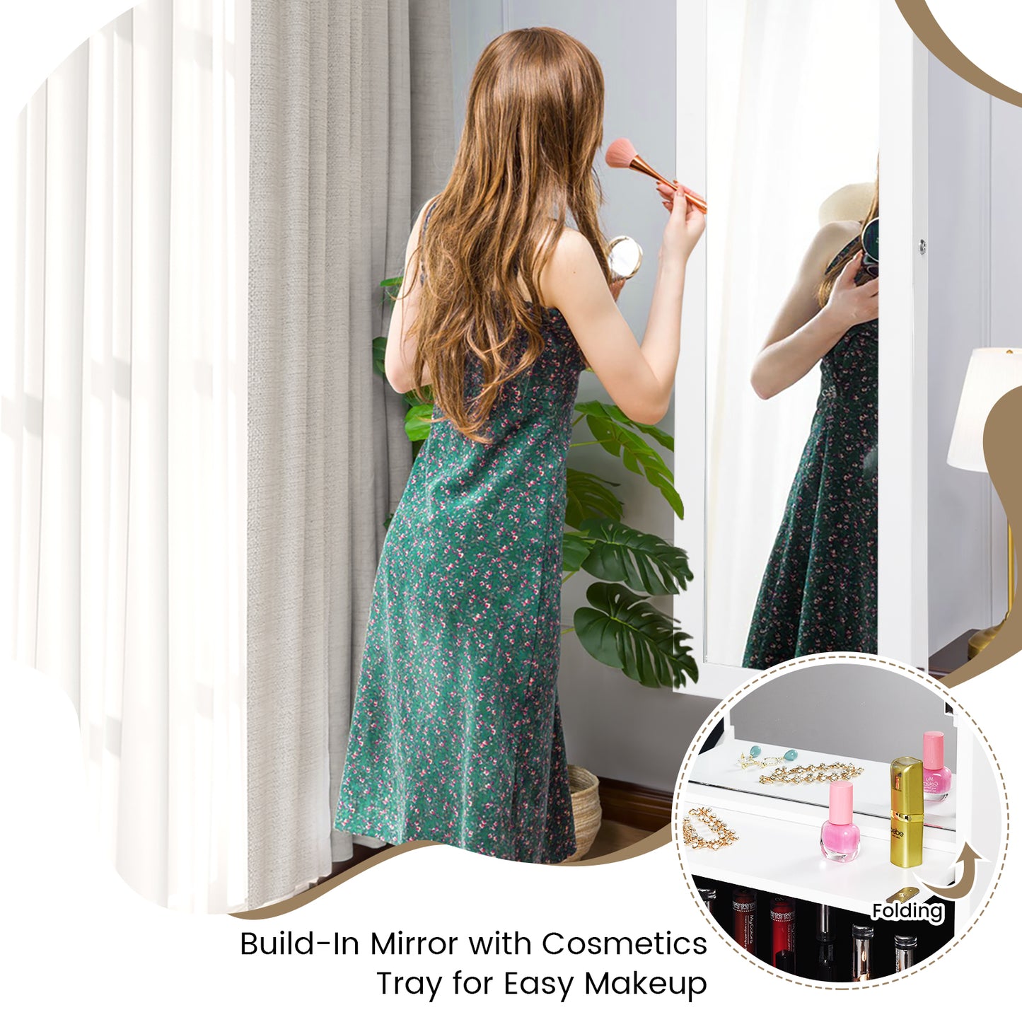 Lockable Wall and Door Mounted Jewelry Cabinet with Mirror and LED Lights – White