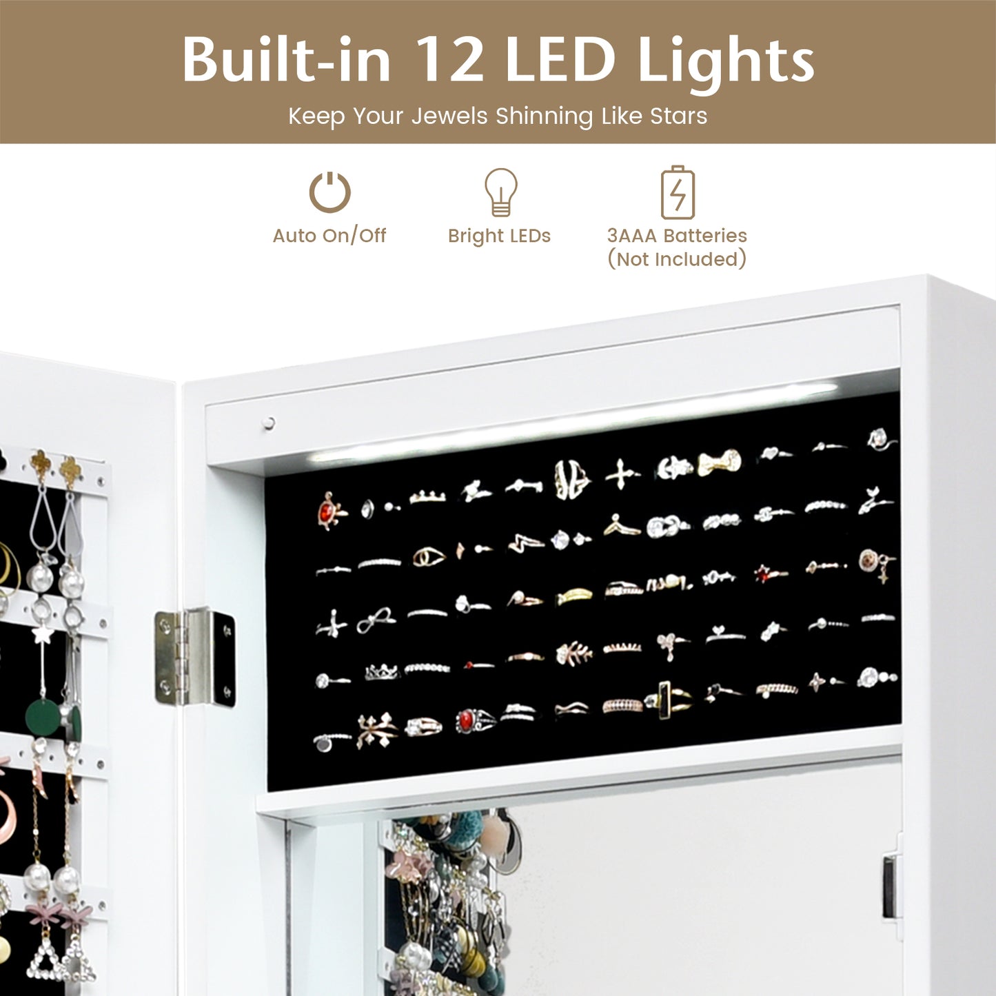 Lockable Wall and Door Mounted Jewelry Cabinet with Mirror and LED Lights – White
