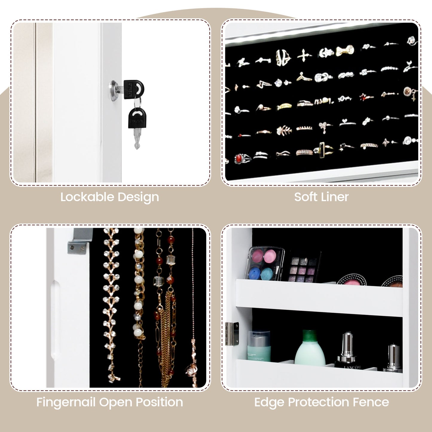 Lockable Wall and Door Mounted Jewelry Cabinet with Mirror and LED Lights – White