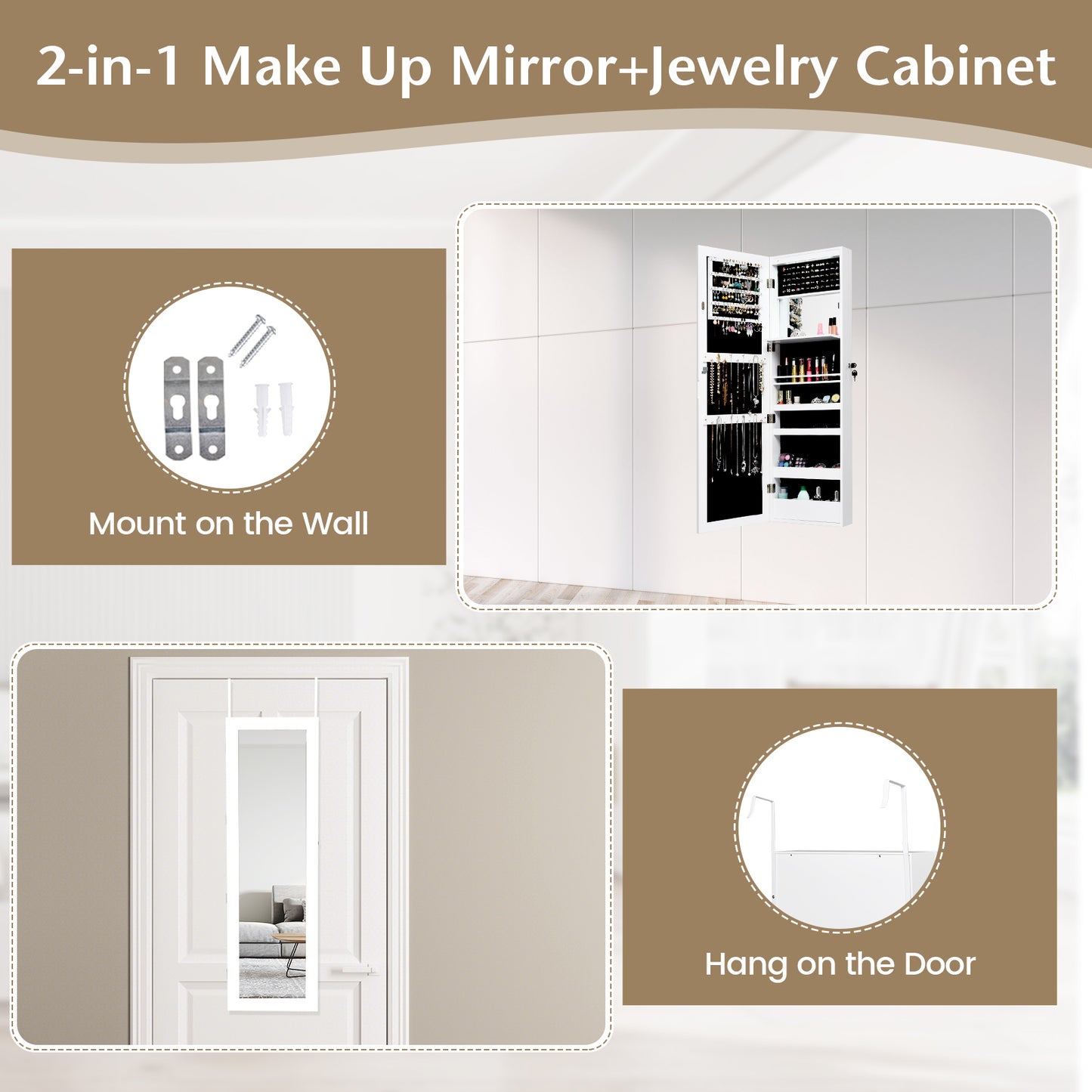 Lockable Wall and Door Mounted Jewelry Cabinet with Mirror and LED Lights – White