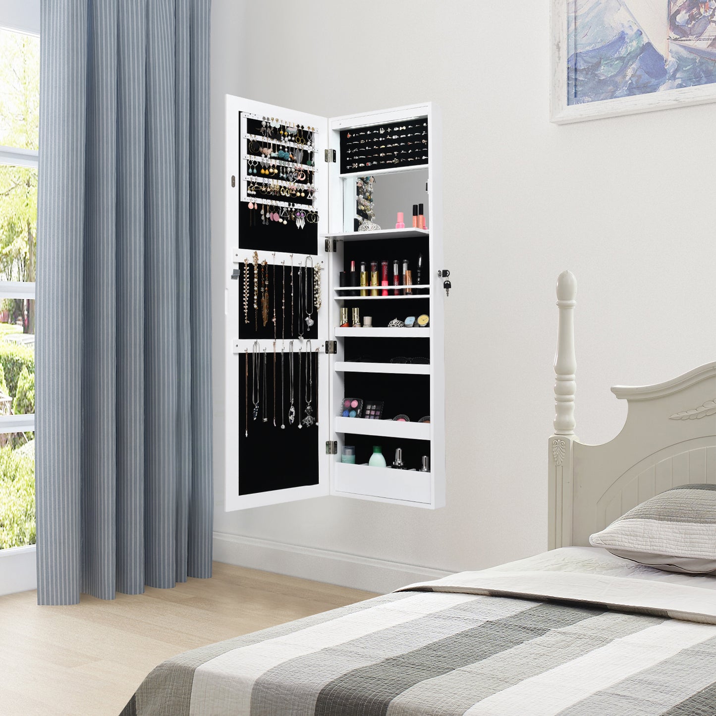 Lockable Wall and Door Mounted Jewelry Cabinet with Mirror and LED Lights – White