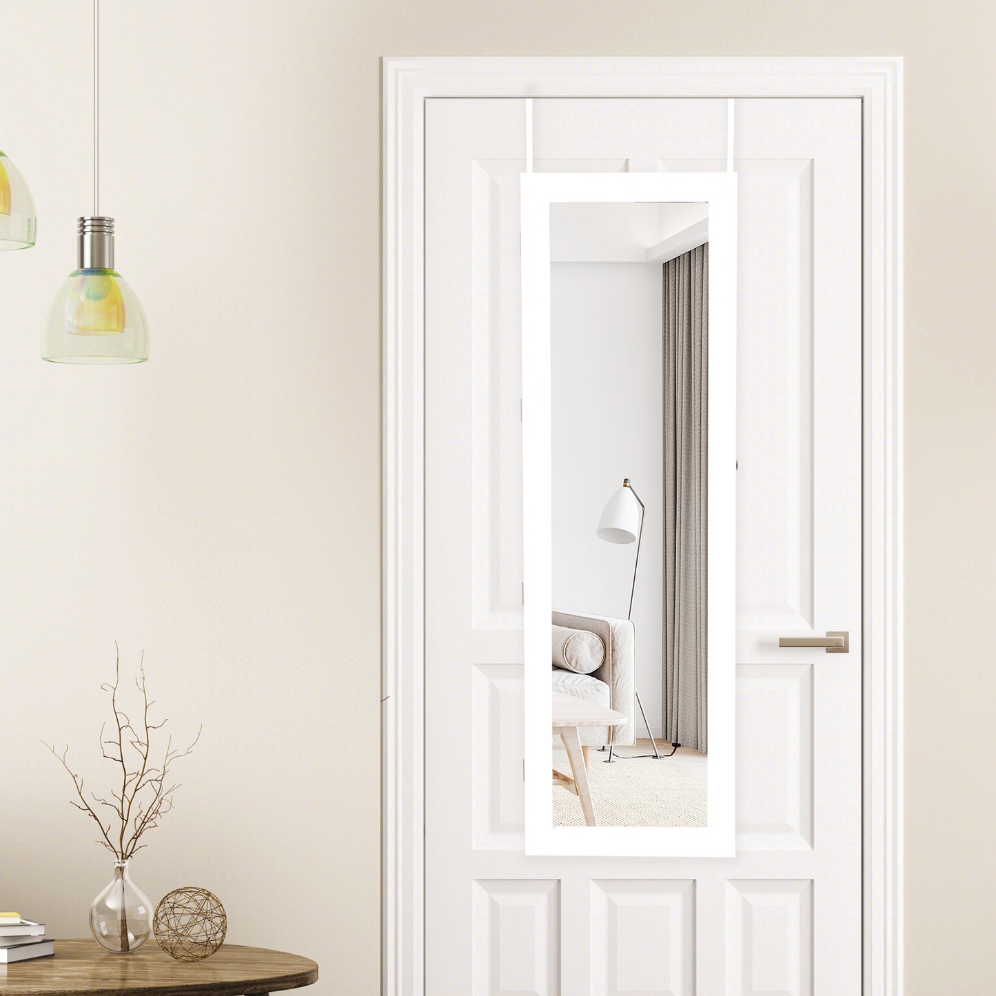 Lockable Wall and Door Mounted Jewelry Cabinet with Mirror and LED Lights – White