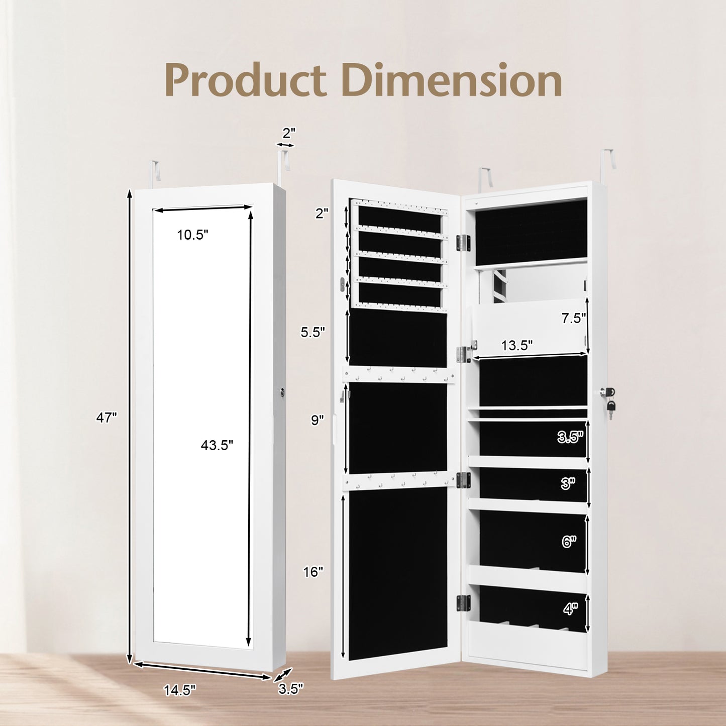Lockable Wall and Door Mounted Jewelry Cabinet with Mirror and LED Lights – White