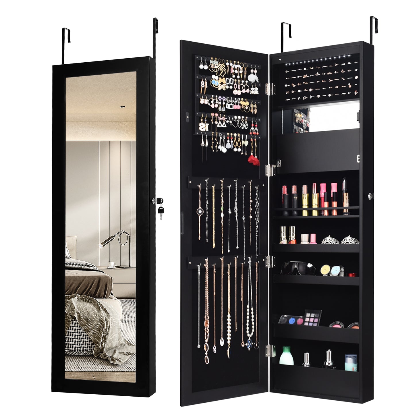 Lockable Wall and Door Mounted Jewelry Cabinet with Mirror and LED Lights – Black