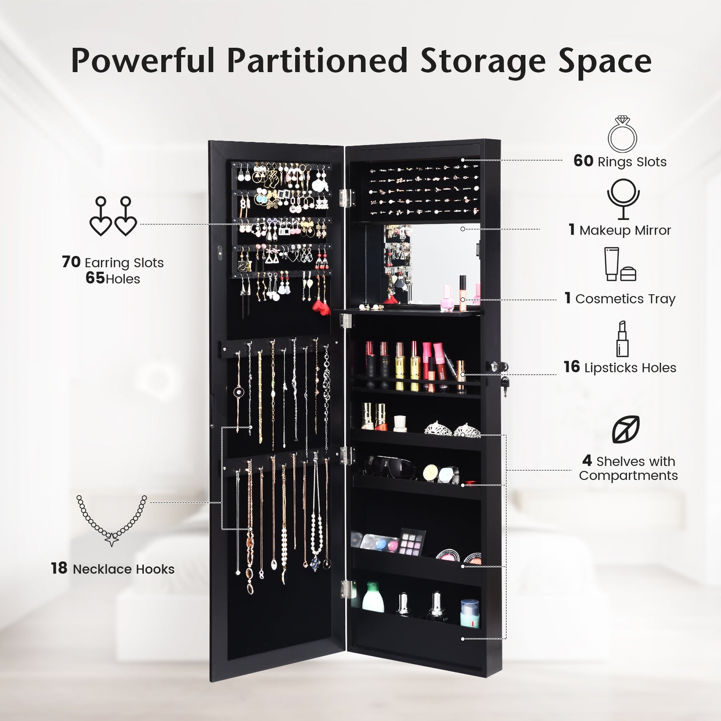 Lockable Wall and Door Mounted Jewelry Cabinet with Mirror and LED Lights – Black