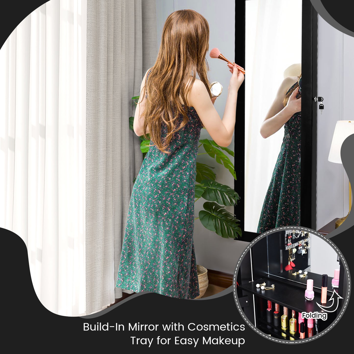 Lockable Wall and Door Mounted Jewelry Cabinet with Mirror and LED Lights – Black