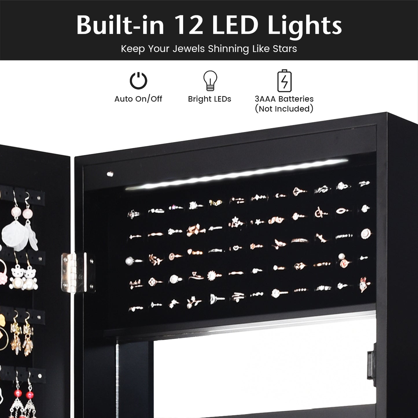 Lockable Wall and Door Mounted Jewelry Cabinet with Mirror and LED Lights – Black