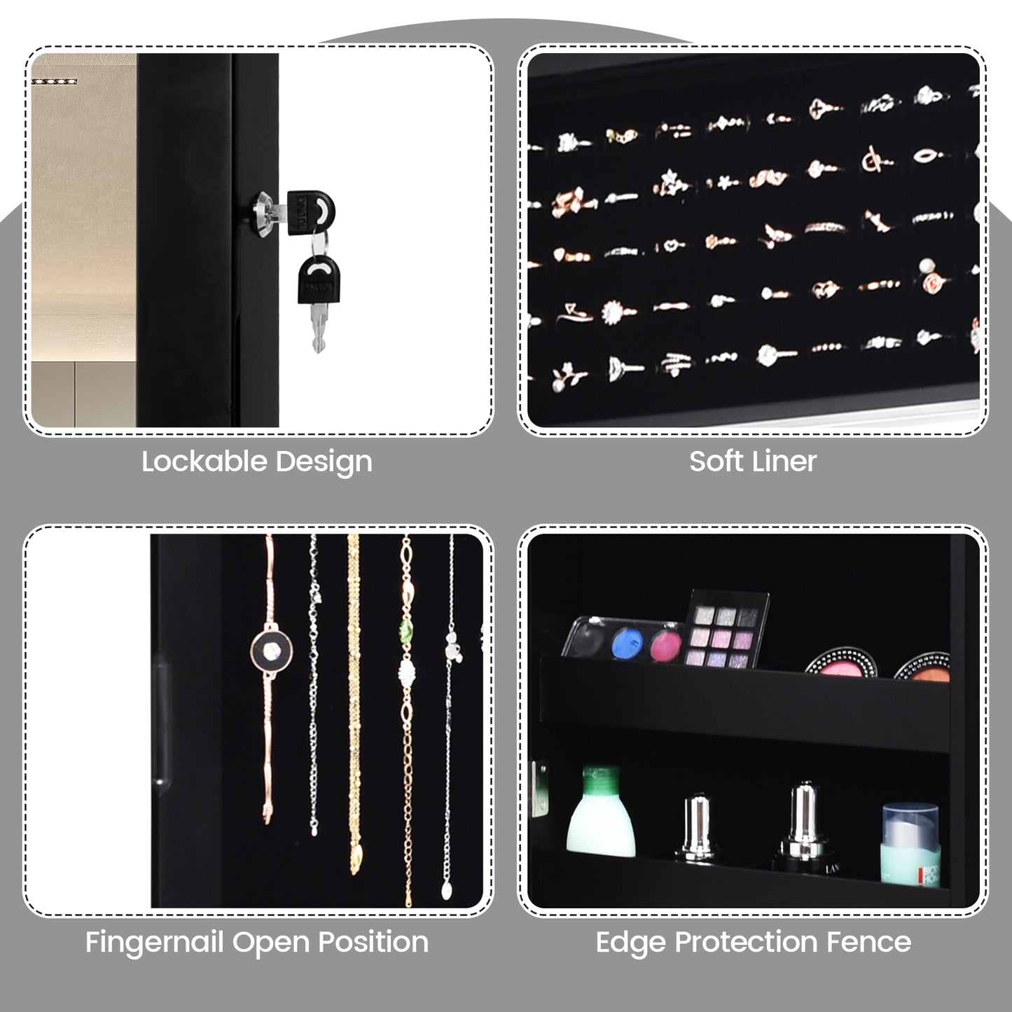 Lockable Wall and Door Mounted Jewelry Cabinet with Mirror and LED Lights – Black