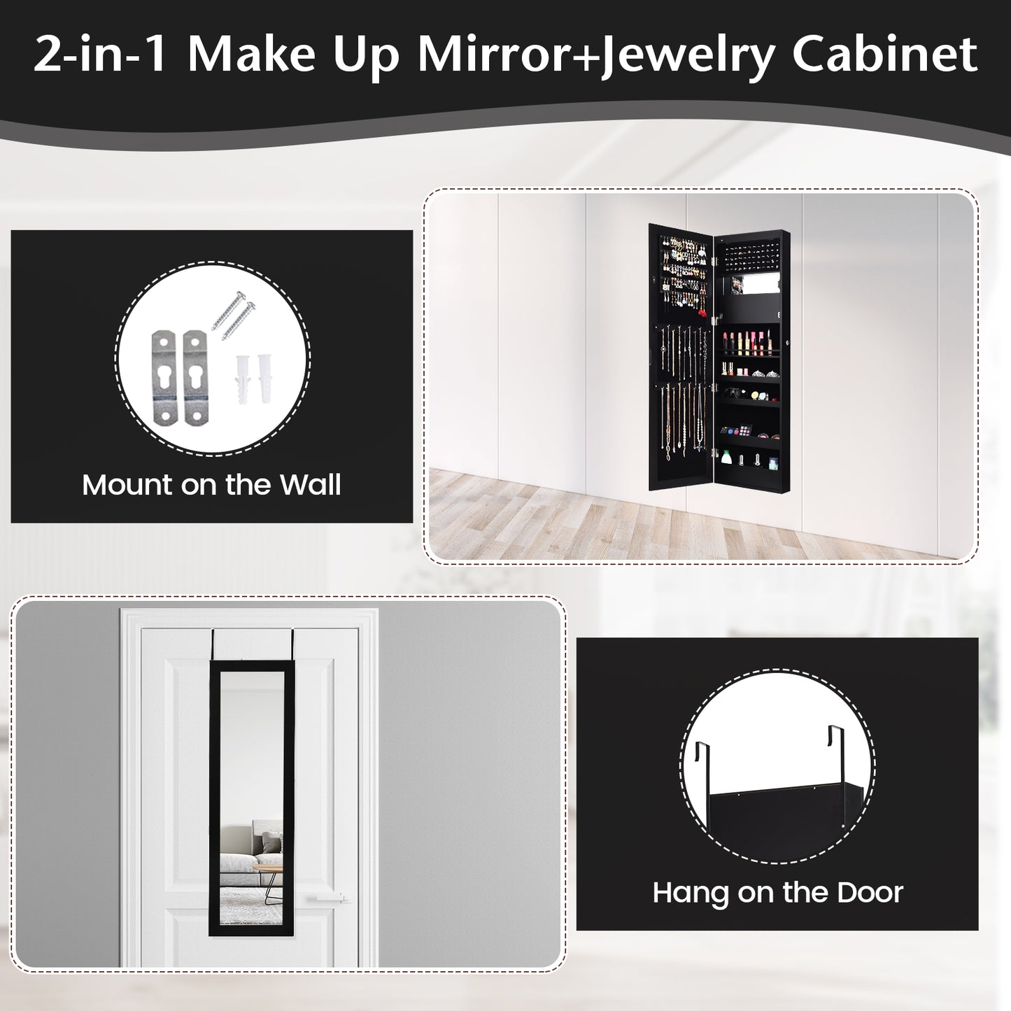 Lockable Wall and Door Mounted Jewelry Cabinet with Mirror and LED Lights – Black