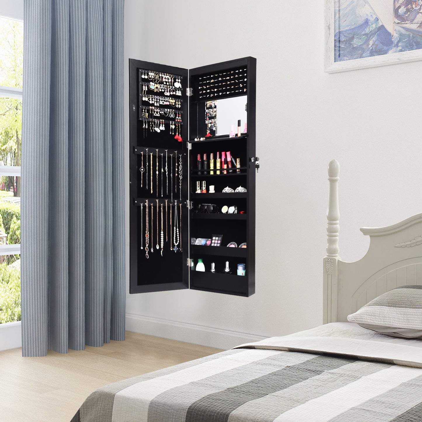 Lockable Wall and Door Mounted Jewelry Cabinet with Mirror and LED Lights – Black