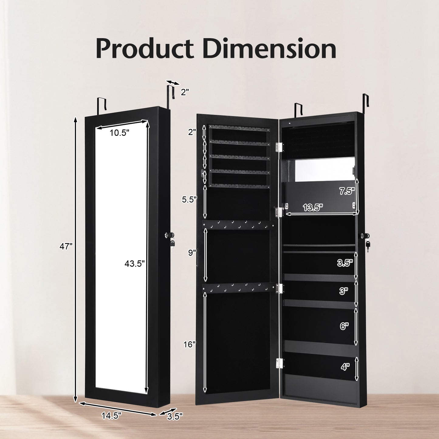 Lockable Wall and Door Mounted Jewelry Cabinet with Mirror and LED Lights – Black