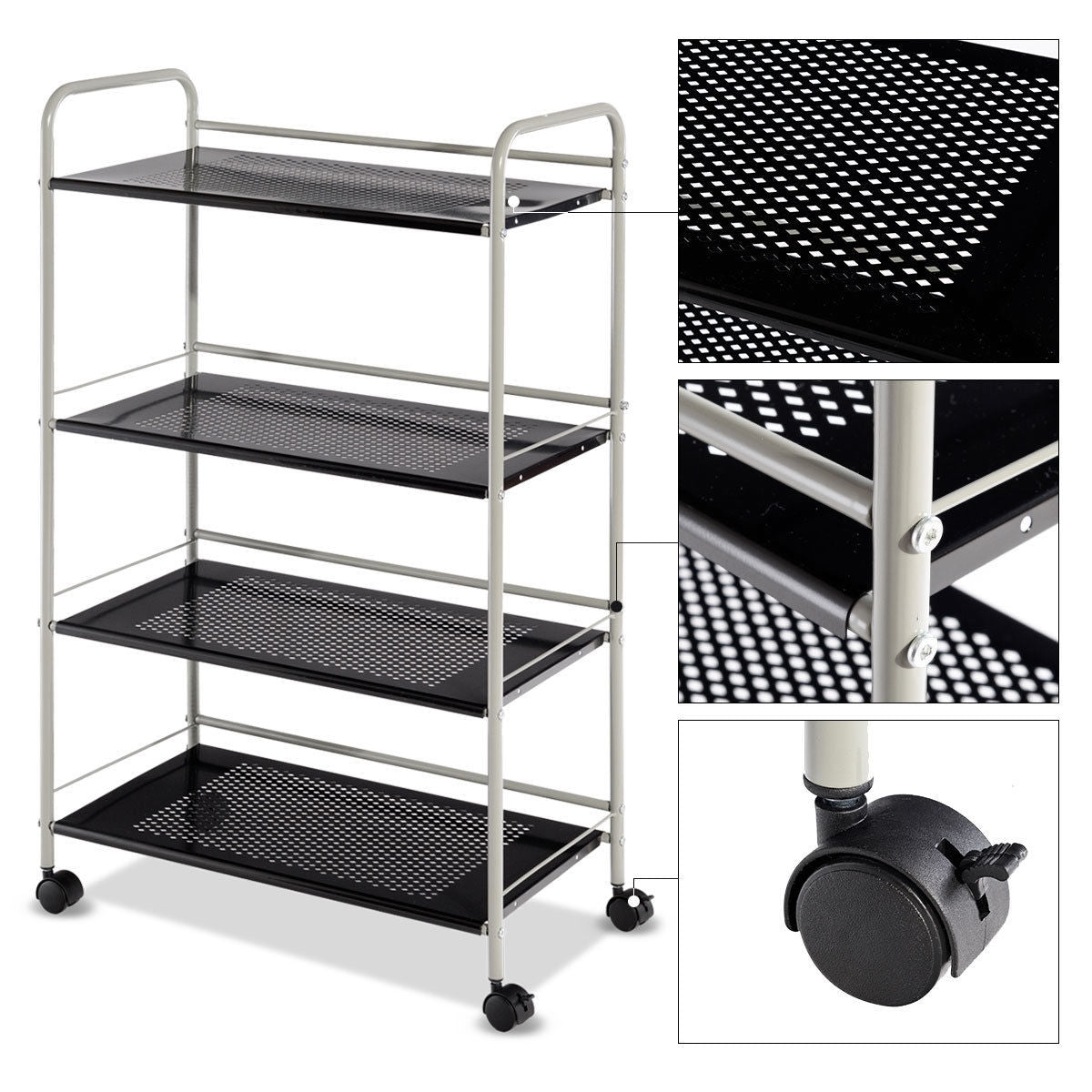 Metal Utility Storage Cart with Wheels and 4 Tier Shelves for Kitchen Bathroom Office – 23.5 Inch